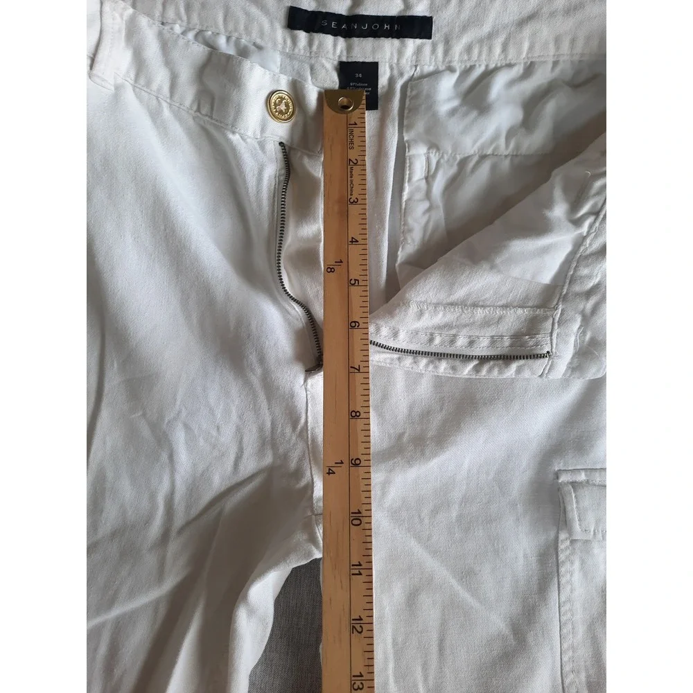 Sean John Men 34 Pure Linen Performance Active Pockets White Cargo Short